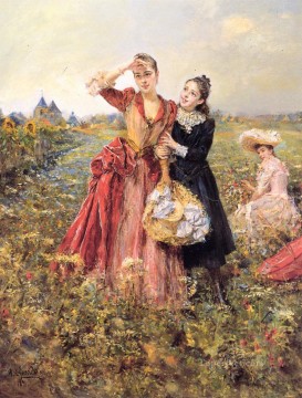 エドゥアルド・レオン・ガリド Painting - 野の花を摘む女性 エドゥアルド・レオン・ガリド